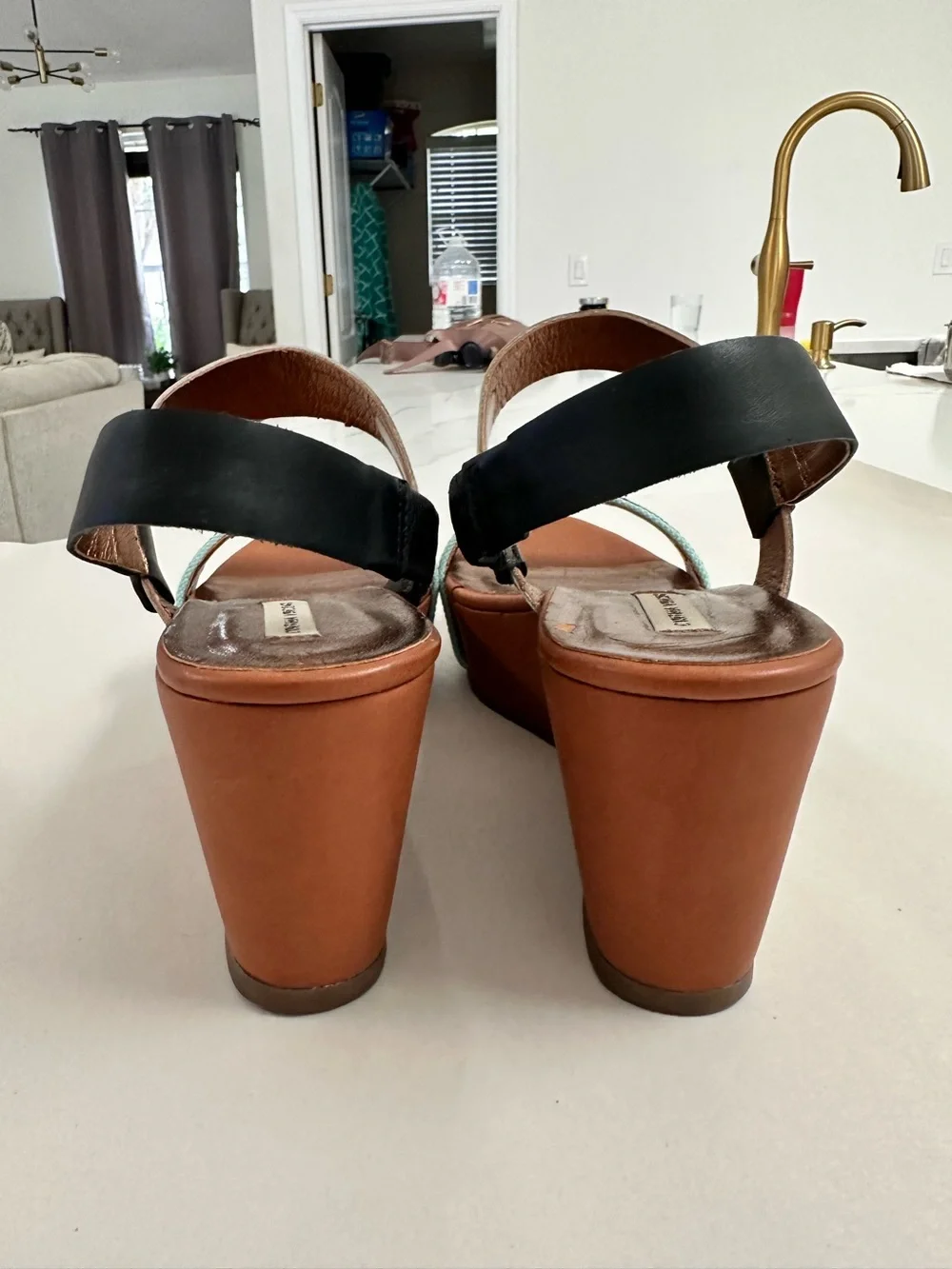 Cynthia Steffe Two-Tone Leather Slingback Platform Wedge Sandals Brown/Gold